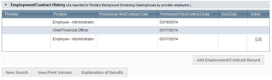 Person Profile Employment/Contract History and View/Print Version of Results All employment history records entered on the Clearinghouse results website for the applicant will display in the