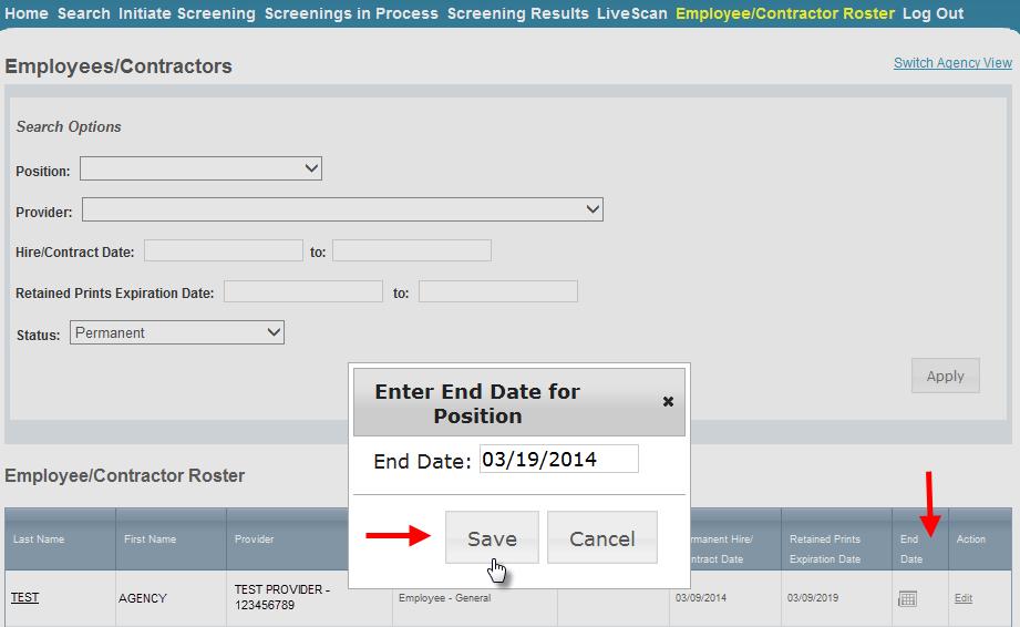 To quickly enter an End Date for an employment record from the Employee/Contractor Roster tab, select