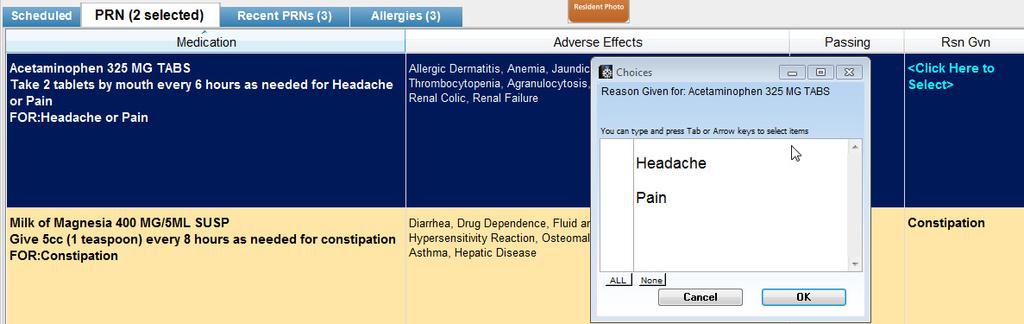 The last date and time that the PRN medication was given will be displayed in the Prev Pass (Previous Pass) column. Click on the medication to select.