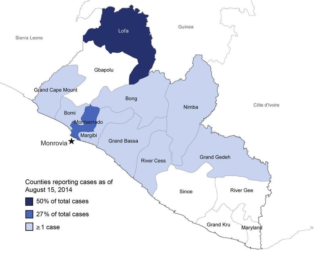Ebola in Liberia, Mid-2014 Figure 1. Counties in Liberia reporting Ebola virus disease cases as of August 15, 2014. Star indicates the capital city, Monrovia.