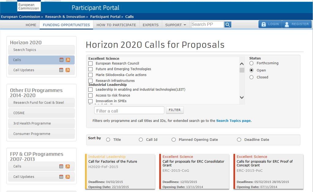 HORIZON 2020 CALLS Published at : RESEARCH PARTICIPANT PORTAL: http://ec.europa.