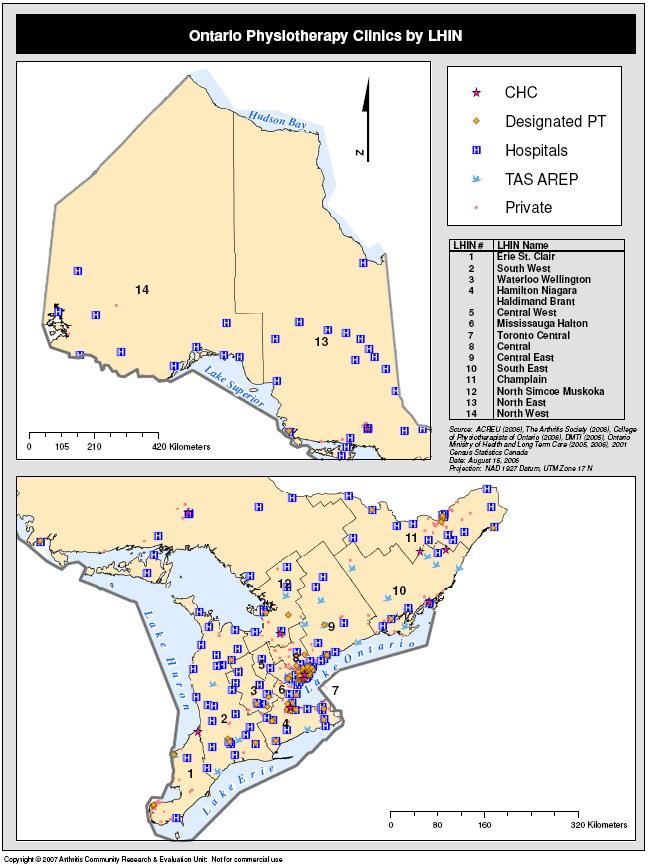 Map 5: Ontario community physiotherapy clinic location by LHIN (Note for map interpretation: CHC refers to Community Health Centres; TAS AREP refers