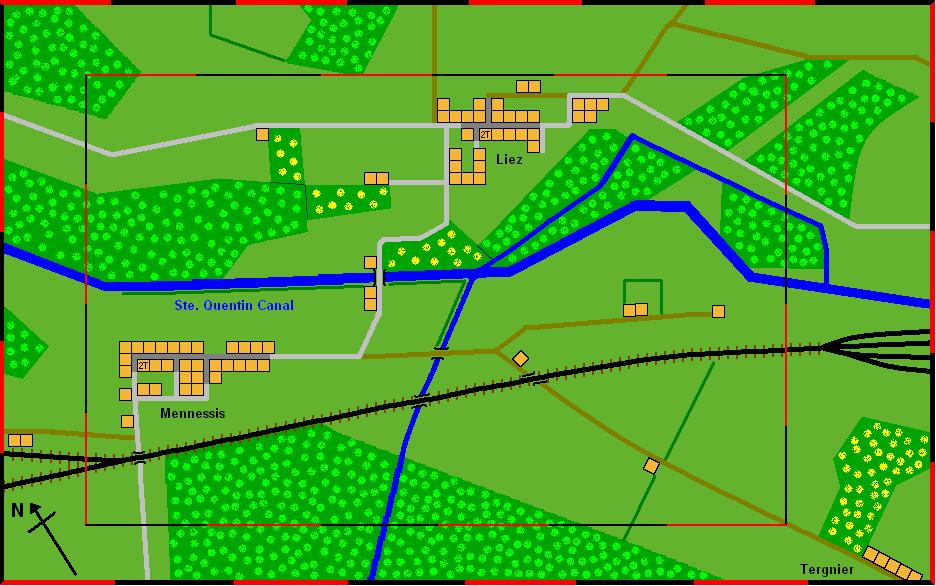 Terrain:- The terrain is generally flat all over, the rail line is on a raised embankment and blocks LOS across it. Dark grey roads are streets, light grey are roads and brown are tracks.