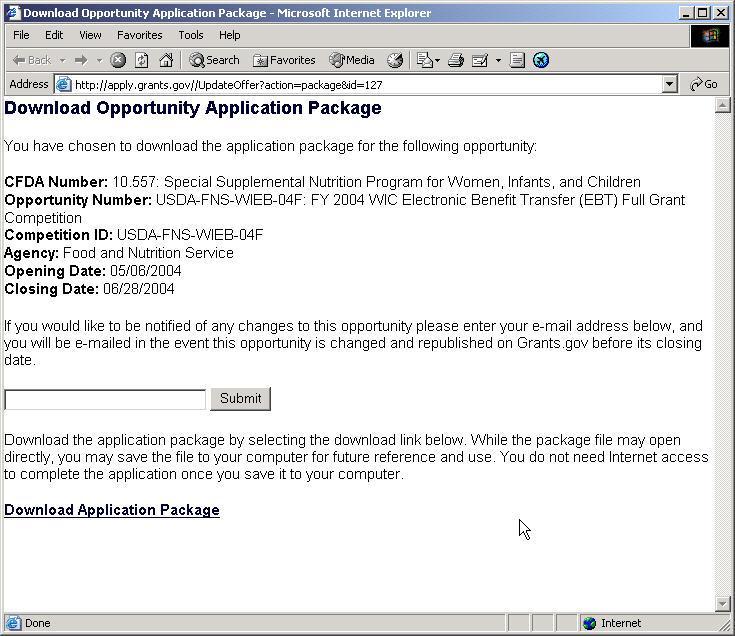 When you download an application package, you will first be taken to the Download Opportunity Application Package screen.