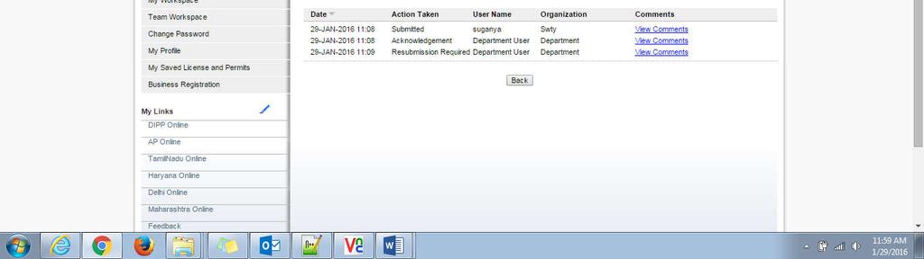 Figure 133 - Status- Audit Trail Business user has to re-submit the application with
