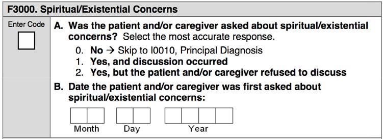 NQF #1641 Beliefs/Values Addressed Numerator Number of patient stays from the denominator where the patient and/or caregiver was asked about spiritual/existential concerns no more than 7 days prior