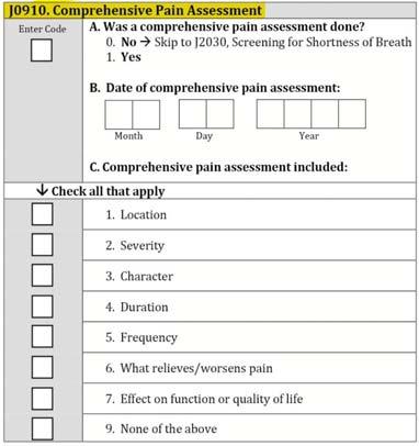 Comprehensive Pain Assessment For inclusion in the new composite measure: 1. If applicable, a comprehensive pain assessment must occur within 1 day of the positive pain screen, and 1.