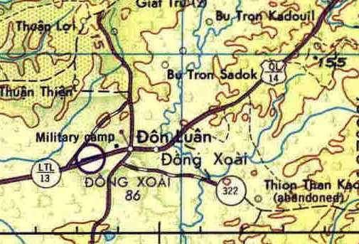 Here is the town map of Dong Xoai (notice the circle that says military camp ) The town of Dong Xoai was situated at the most important road junction in the heart of northern "War