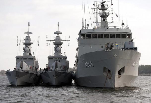 Figure 9. (L-R) Corvettes HMS Stockholm and HMS Malmo and support vessel HMS Trosso are seen off the Karlskrona naval base in southern Sweden, March 21, 2009.