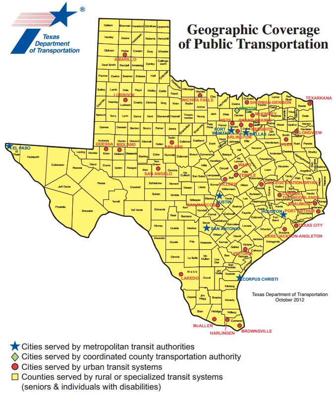 Source: Texas Department of Transportation Public Transportation Division. Figure 1. Map of Urban Transit Districts and Transit Authorities in Texas.