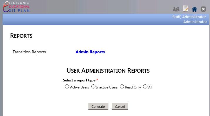 Admin Reports The admin reports module is available only to those users with the role of Administrator. Click on the Report icon in the upper right of the home screen.