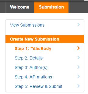 Abstract Submission Starting a Submission Select the Submission tab at the top of the page. Select Create New Submission from the left sidebar to begin a new abstract.