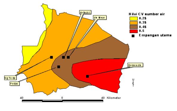 RAJAH 5: Taburan lima empangan utama di Negeri Sembilan di dalam zon-zon variabiliti sumber air permukaan yang berbeza (Sumber DID, 1982).