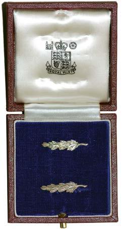 This was quickly changed in 1945 to a silver insignia in the form of a branch of laurel leaves to be worn on the ribbon of the Defence Medal or directly on the coat in the absence of this medal.