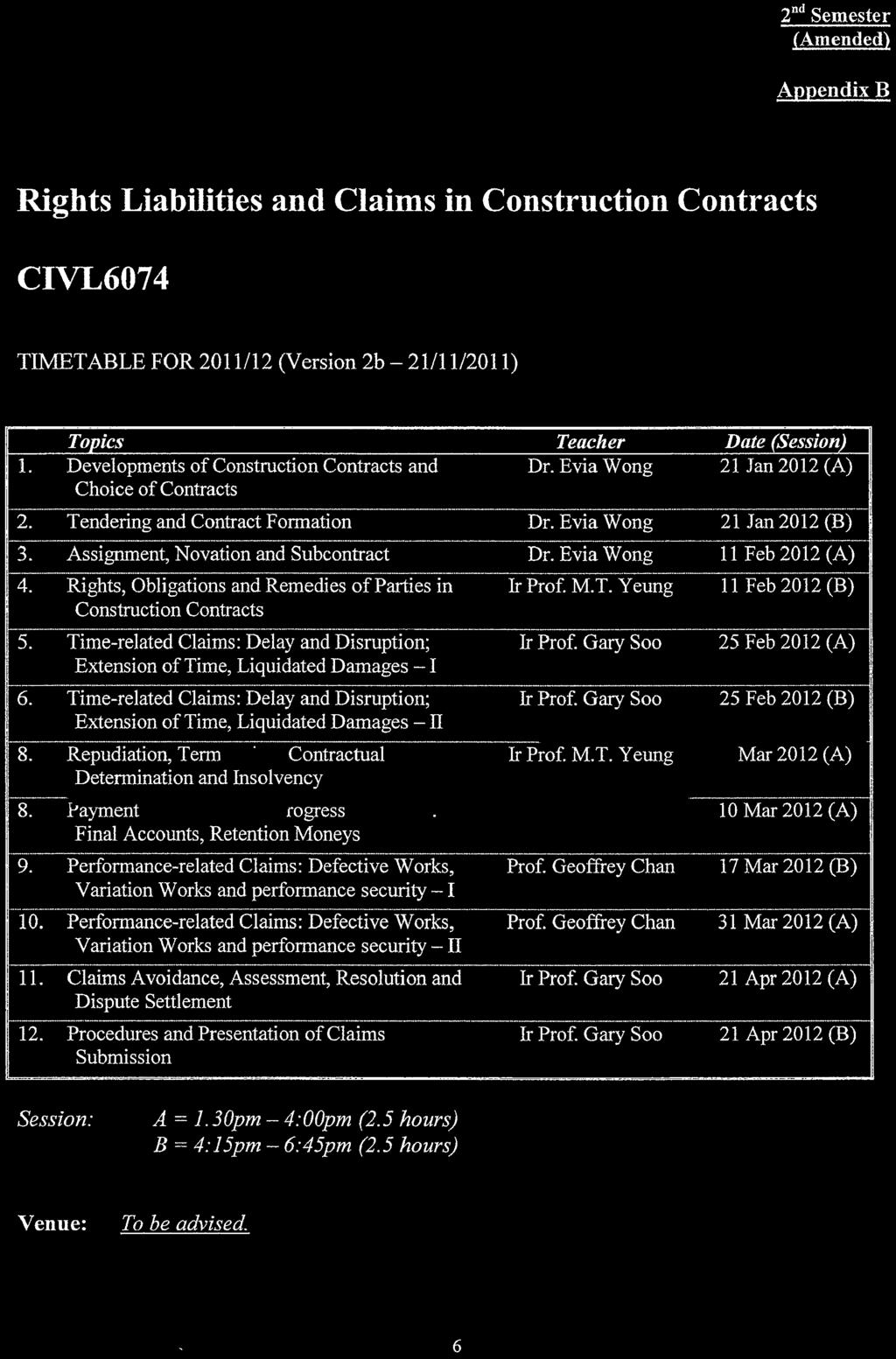 Appendix B Rights Liabilities and Claims in Construction Contracts CIVL6074 TIMETABLE FOR 2011/12 (Version 2b - 21/11/2011) Topics Teacher Date (Session) 1.