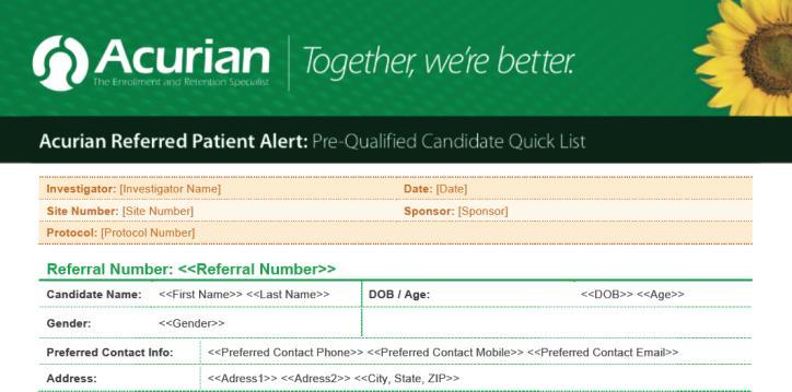 Recruitment Manager for Sites A Referred Patient Alert contains specific patient information you will need to contact the patient, schedule office visits and determine their qualifications to be