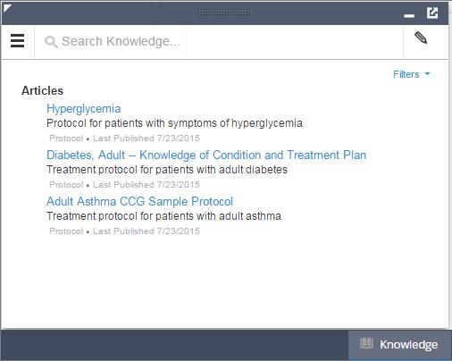 Provide Easy Access to Protocols and Articles Using the Knowledge One widget, articles can be accessed from the console footer, care coordinators can: Search for and find relevant articles or
