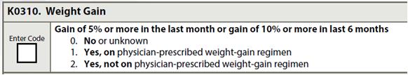 10 to identify 10% threshold If current weight is equal to or more than threshold, the resident has gained more than 10% body weight Example Weight 180 days ago = 165 lbs.