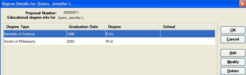 Personnel Degree Information The Degree Information that populates the R&R Senior/Key Person Profile (Expanded) Form now comes from the DEGREE DETAILS WINDOW.
