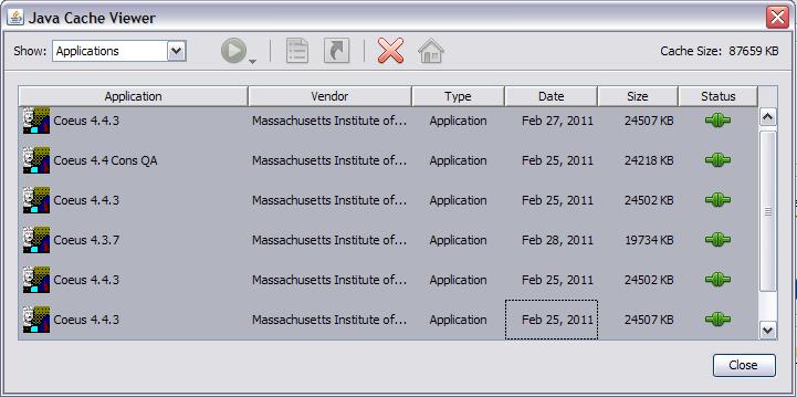 Unable to Launch Coeus con t In the Java Cache Viewer window Clear the Coeus files in this window by selecting them and