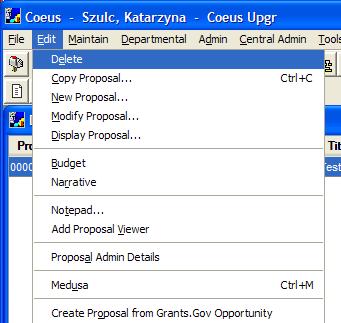 New Function to Delete Proposals Coeus has new functionality that allows the user to DELETE Proposals that are In Progress.