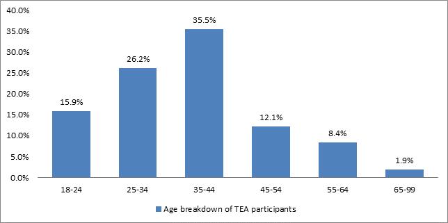 Figure 16b: Age breakdown of TEA participants 2013 Figure 17 shows the highest level of education attained by TEA participants.