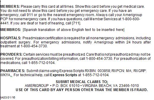 applicable) Amerigroup member identification card