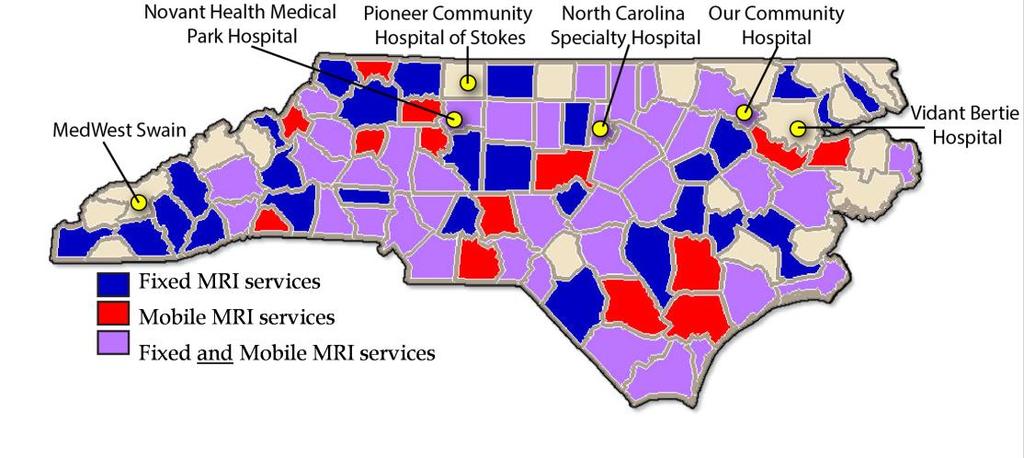 SIDEBAR 3: NORTH CAROLINIANS MRI ACCESS As noted on the map below, only six general acute care hospitals in North Carolina do not offer MRI service.