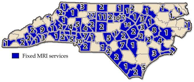 The plurality of counties in North Carolina, 38, have access to both fixed and mobile MRI services. An additional 28 counties have access to fixed MRI and another 14 have access to mobile MRI.