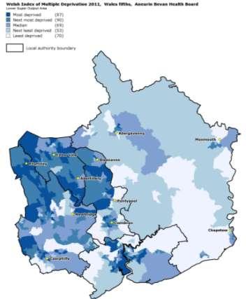 There are distinct areas of deprivation within Aneurin Bevan University Health Board. The map below (Figure 4.