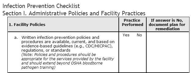Infection Prevention Checklist for Out Settings: Minimum Expectations for Safe Care http://www.cdc.gov/hai/settings/out/checklist/ out-care-checklist.