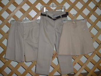 Pants, Shorts, Skirts, Capris, or Skorts, Jumpers: Khaki (Skirts must not be shorter than two inches above the knee.