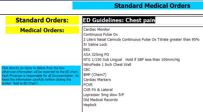 Admitting Orders: (Optional) If the Emergency Department physicians write the admitting orders, then this feature can be used.