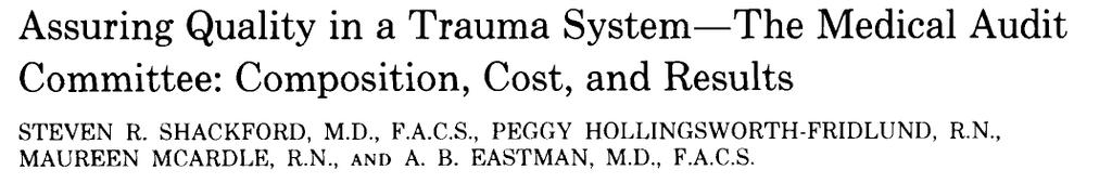 Basis for Trauma Center PI Theory and Practice Medical audit process consisting of: J Trauma 1987; 27(8); 866-75.