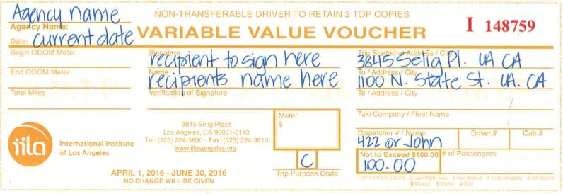 Above is the proper way for Taxi Company s to complete a Taxi Coupon. Above is the proper way for Taxi Companies to complete a Variable Value Voucher.