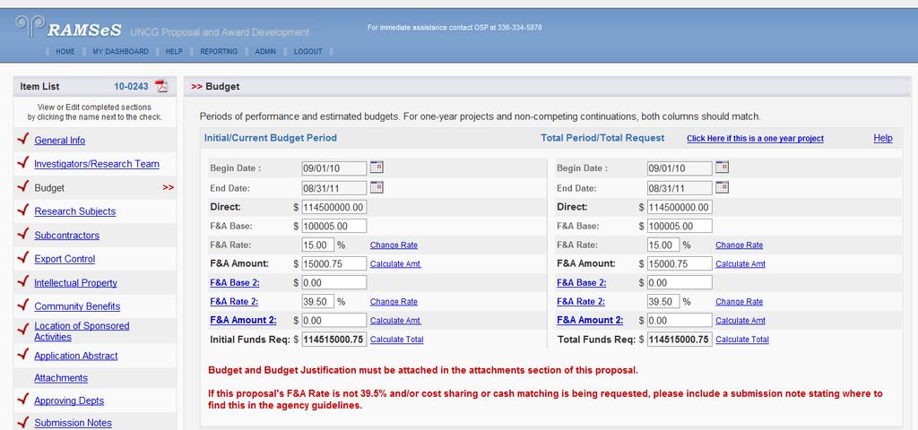 Figure 12 Budget screen in RAMSeS.