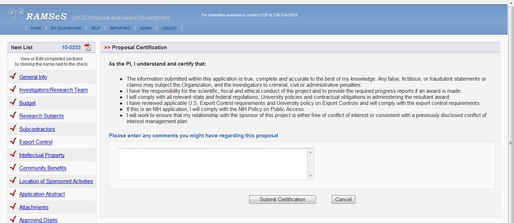 Figure 22 Submission screen no. 2 Each PI listed will follow this procedure to sign the proposal.