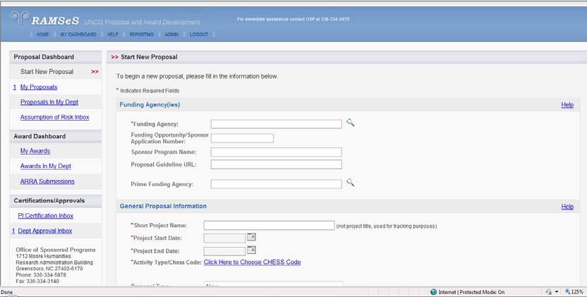 The center of the screen provides information about both the Proposal and Award Dashboards and provides links to the Frequently Asked Questions and Help files.