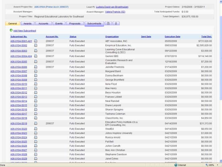 Subcontracts The Subcontracts tab (Figure 41) will show every active subcontract that has been added to a project.