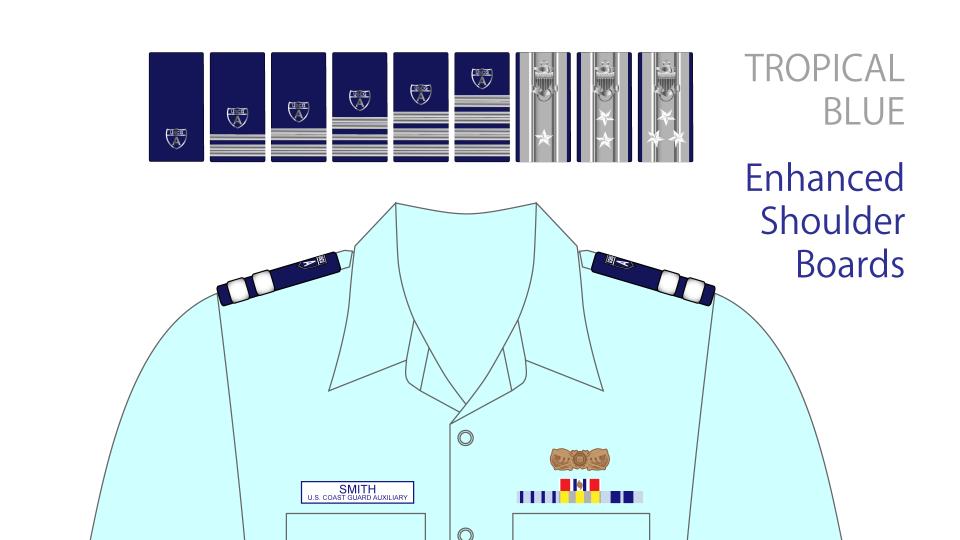 Tropical Blue ( Trops ) Cover: Combination or Garrison Shirt: Short sleeve, light blue, never with tie; V-neck undershirt no visible collar Insignia: Enhanced shoulder boards Attached: Nametag,