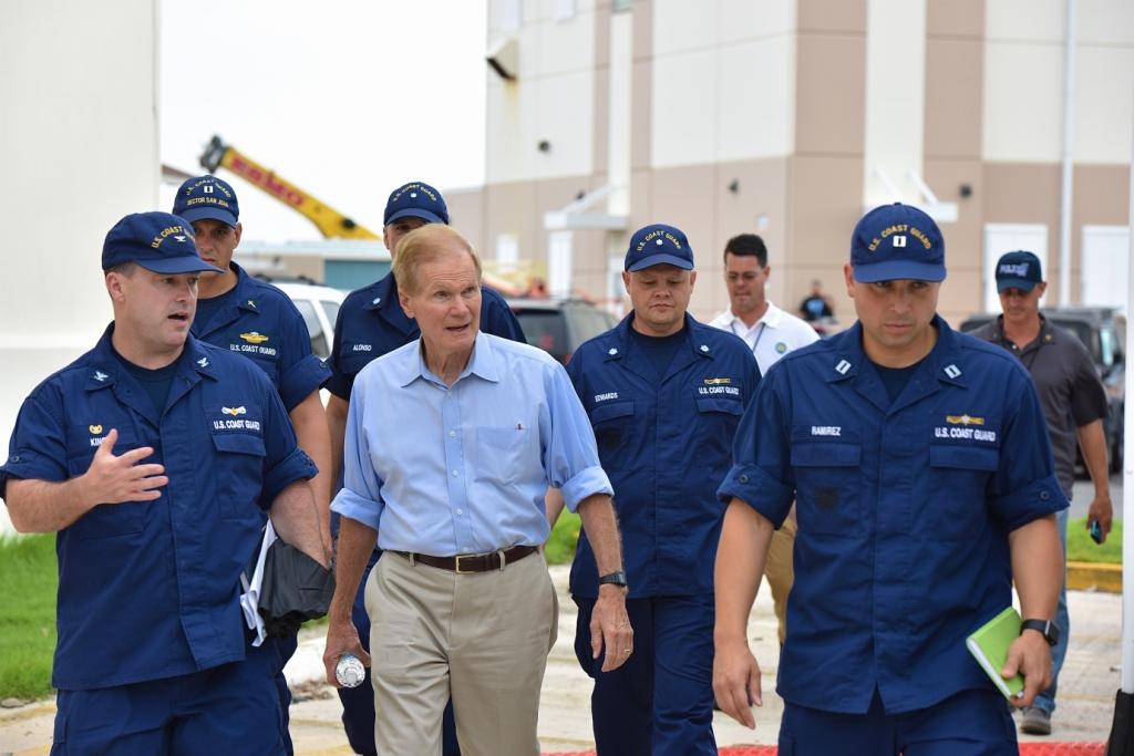 U.S. Senator Bill Nelson (FL) is accompanied by Coast Guard personnel during a walkthrough of Coast Guard Sector San Juan, Puerto Rico, Oct. 15, 2017.