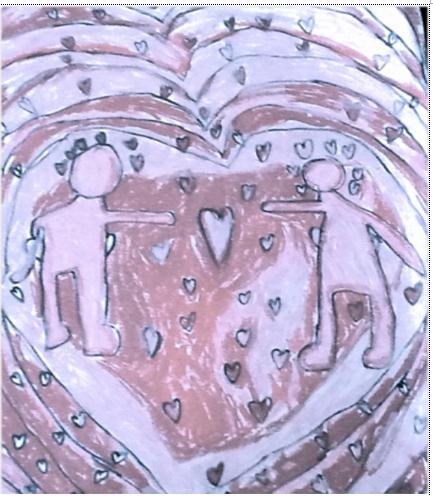 This artistic expression, created by Kahiso Erickson (age 6), illustrates love and compassion within the human spirit as a means of connecting