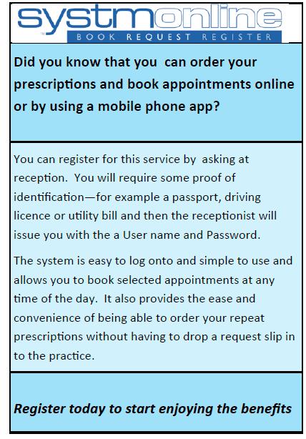 Repeat Prescriptions If your Doctor wishes you to be on regular medication, details of the medication will be entered on to our computer.