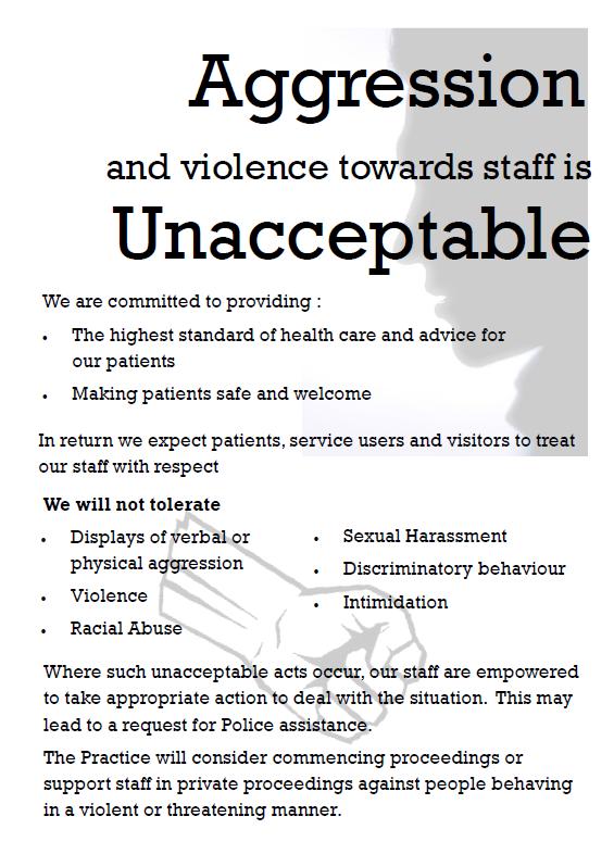 Violence/Aggression If a patient is violent towards a member of staff or another patient they will be asked to stop.