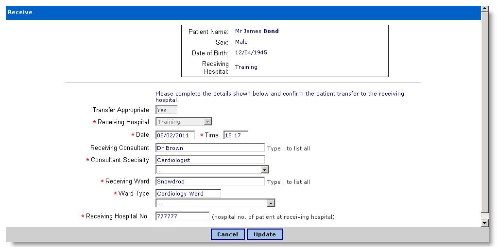 34 Receive When the patient arrives at the Receiving hospital Click the Update tab to change