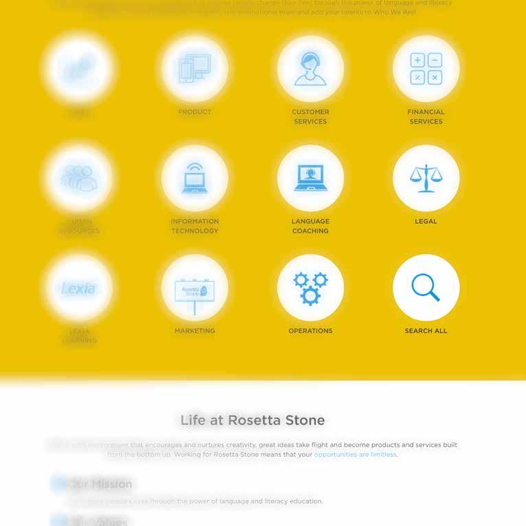 ROSETTA STONE CHERISH YOUR SEARCH ALL If you require the job seeker to search by team, such as this Rosetta Stone career site, always make sure to offer a search all option just in case the job