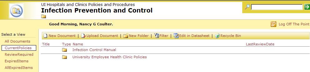 From the Policy Libraries select Infection Prevention