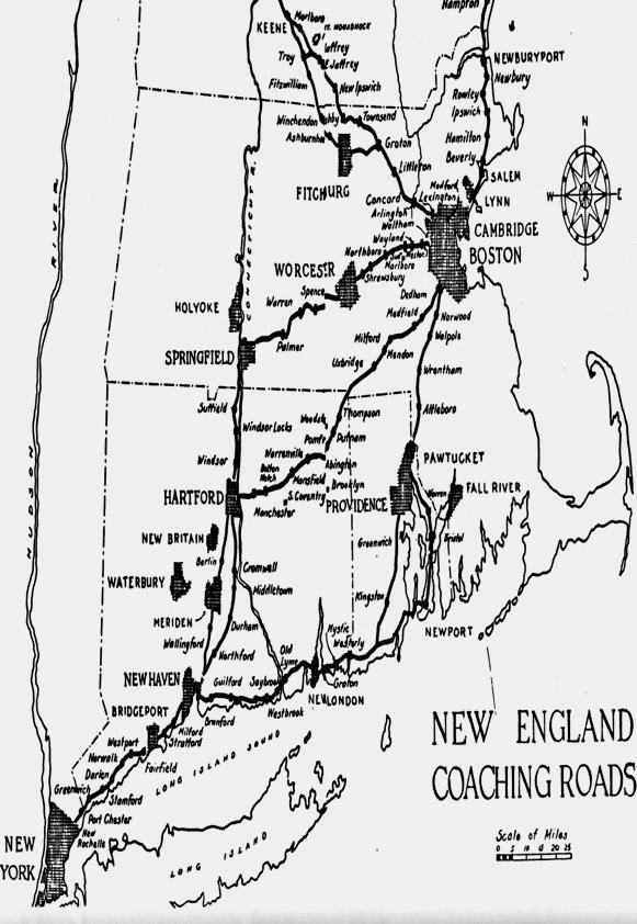 The New England Coaching Roads were the primary roads in New England (Massachuse tts,