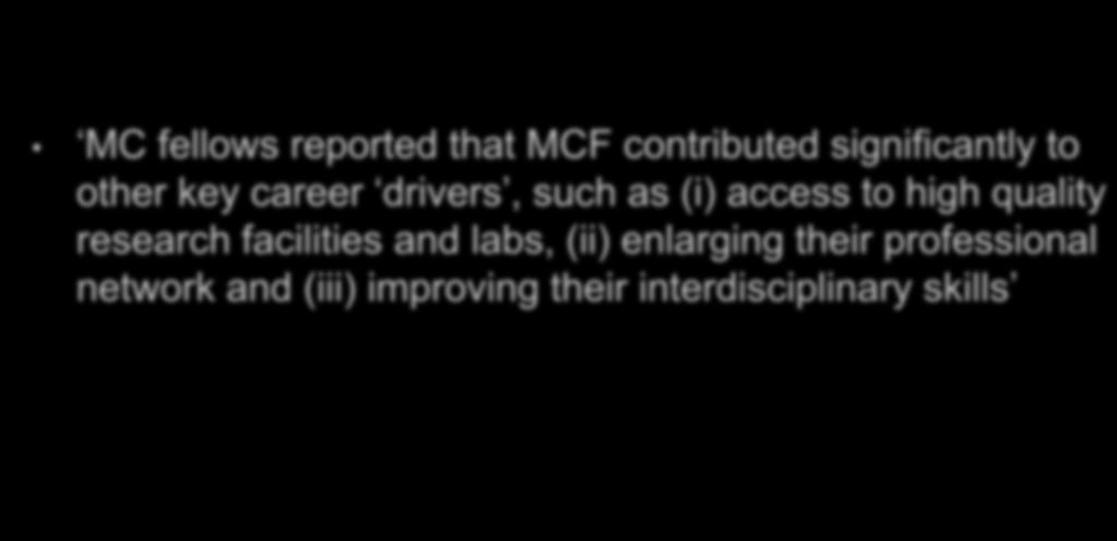 EC Report on Marie Curie Fellows and Career Development 2014 MC fellows reported that MCF contributed significantly to other key career drivers, such