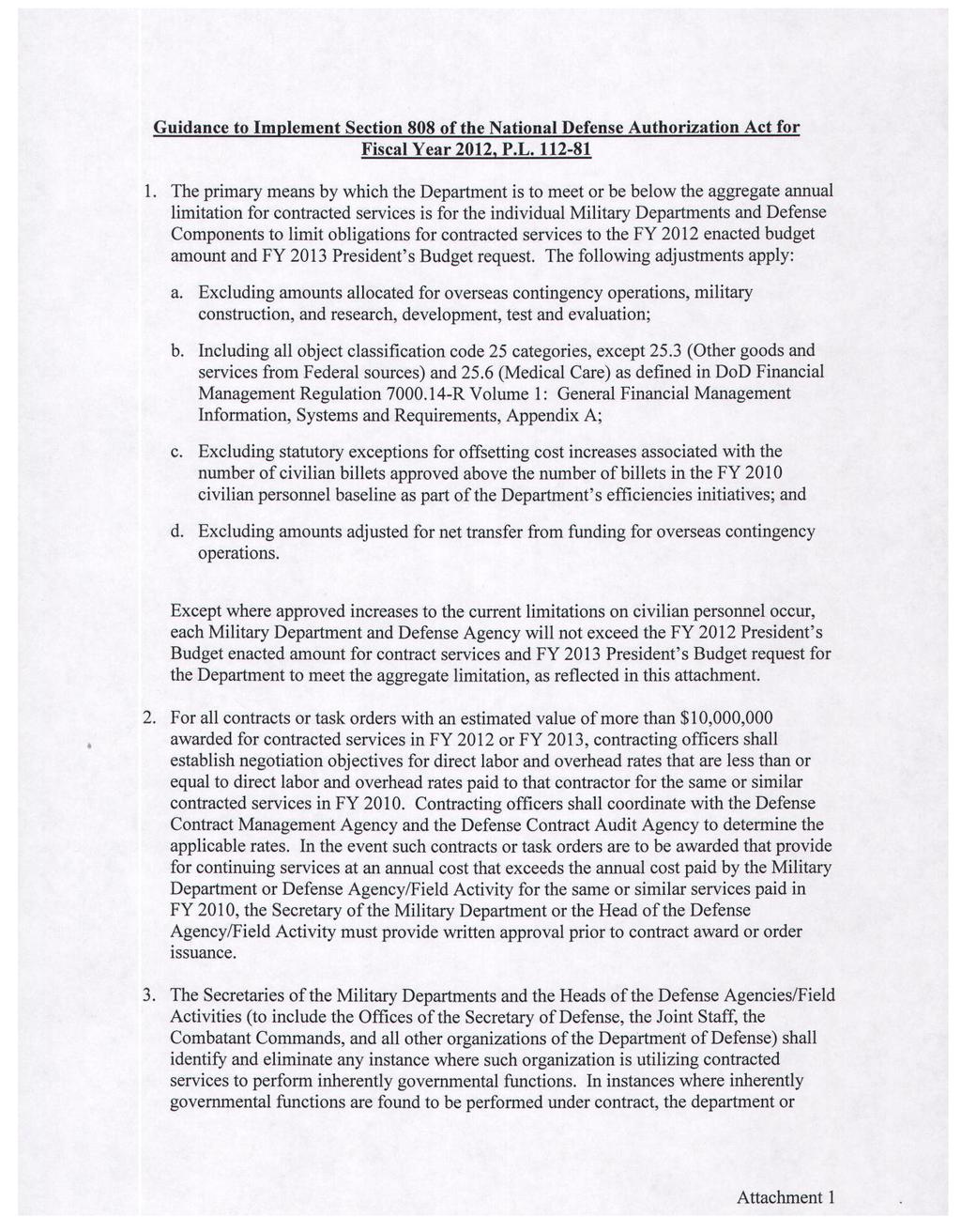 Guidance to Implement Section 808 of the National Defense Authorization Act for Fiscal Year 2012, P.L. 112-81 t.